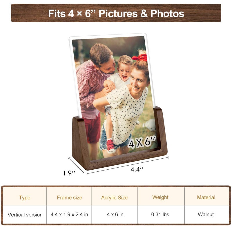 Mixoo Picture Frame 2 Pack - Rustic Wooden Photo Frames with Walnut Wood Base and High Definition Break Free Acrylic Glass Covers for Tabletop or Desktop Display (4x6 inch  Vertical + Vertical) - Image 3